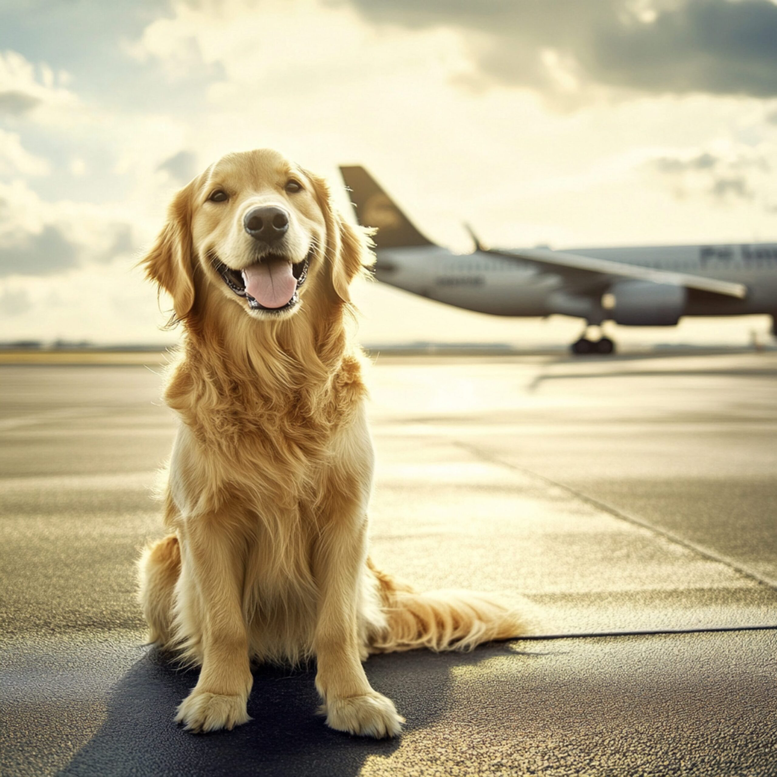 A golden retriever sitting on the airport tarmac, smiling with an airplane in the background.