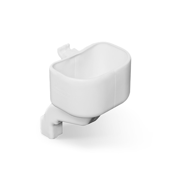 A white attachable water bowl designed to be fixed onto pet travel crates.