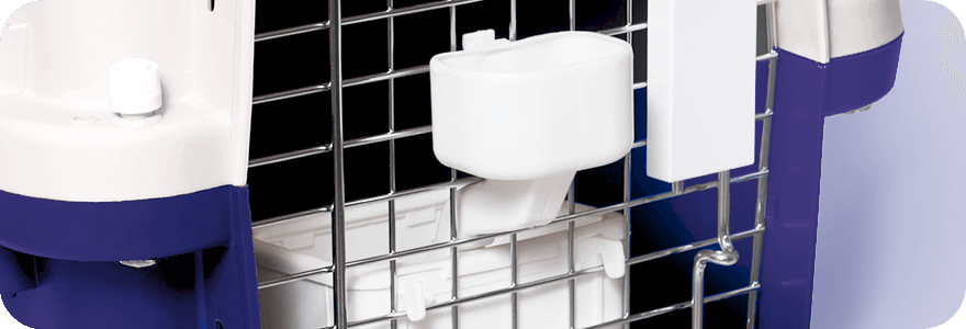 A pet carrier door with an attached water bowl and secure locking system.